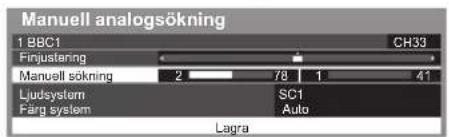 Manuell analogsökning 1 BBC1 Finjustering CH33 Manuell sokning 2 78 1 41 Ljudsystem SC1 Färg system Auto Lagra