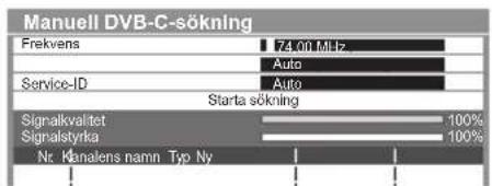 Manuell DVB-C-sökning Frekvens 74.00 MHz Service-ID Auto Auto Starta sökning Signalkvalitet 100% Signalstyrka 100% Nr Kanalens namn Tjp Ny