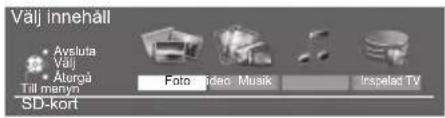 Välj innehåll Avsoluta Välj Aturgå Till mätmyo SD-kort Foto Video Musik Inspeled TV