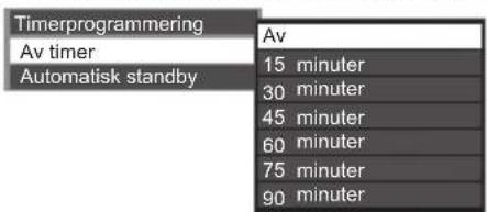 Timerprogrammering Av timer Automatisk standby Av 15 minuter 30 minuter 45 minuter 60 minuter 75 minuter 90 minuter