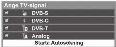 Ange TV-signal ✓ DVB-S ✓ DVB-C ✓ DVB-T ✓ Analog Starta Autosökning