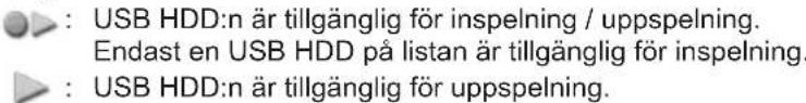 : USB HDD:n är tillgänglig för inspelning / uppspelning. Endast en USB HDD på listan är tillgänglig för inspelning. : USB HDD:n är tillgänglig för uppspelning.