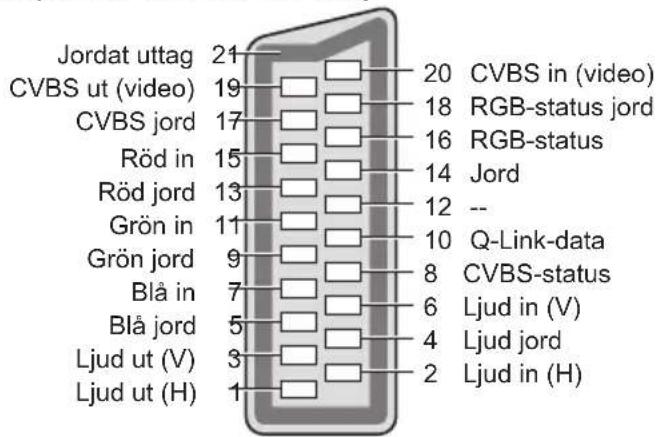 Jordat uttag 21 CVBS ut (video) 19 CVBS jord 17 Röd in 15 Röd jord 13 Grön in 11 Grön jord 9 Blå in 7 Blå jord 5 Ljud ut (V) 3 Ljud ut (H) 1 20 CVBS in (video) 18 RGB-status jord 16 RGB-status 14 Jord 12 -- 10 Q-Link-data 8 CVBS-status 6 Ljud in (V) 4 Ljud jord 2 Ljud in (H)
