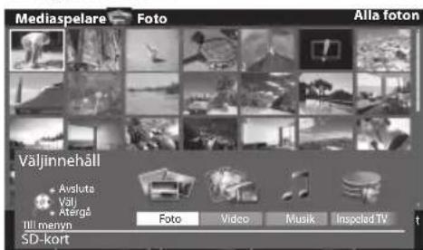 Mediaspelare Foto Alla foton Väljinnehåll • Avsluta • Välj • Atergå Ill menyn SD-kort Foto Video Musik Inspeled TV