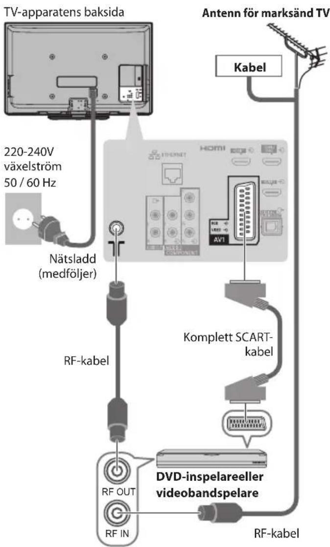TV-apparatens baksida 220-240V växelström 50 / 60 Hz Nätsladd (medföljer) Antenn för marksänd TV Kabel Komplett SCART-kabel RF-kabel DVD-inspelareeller videobandspelare RF OUT RF IN RF-kabel