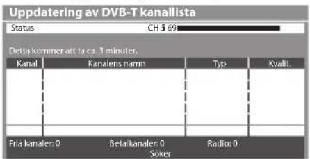 Uppdatering av DVB-T kanallista Status CH 5 69 Detta kommer att to ca. 3 minuter. Kanal Kanalens namn Typ Kvalit. Fria kanaler: 0 Beta kanaler: 0 Radio: 0 Söker