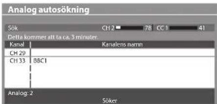 Analog autosökning Sök CH 2 78 CC 1 41 Dette kommer all ta ca. 3 minuter. Kanal Kanalens namn CH 29 CH 33 BBC1 Analog: 2 Söker