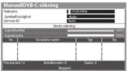 ManuellDVB-C-sökning Frekvens 74.00 MHz Symbolhastighet Auto Service-ID Auto Starta sökning Signalkvalitet 100% Signalsvýka 100% Nr. Kanalens namn Typ Ny Fria kanaler: 0 Betalkanaler: 0 Radio: 0 Stoppad
