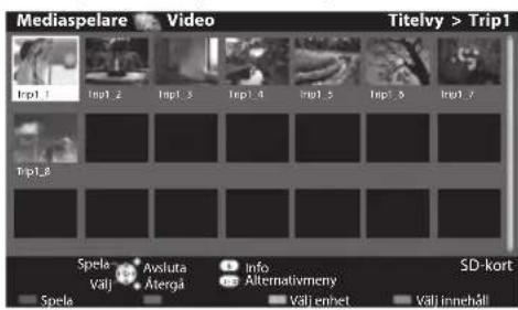 Mediaspelare Video Titelyy > Trip1 Inpl 1 Inpl 2 Inpl 3 Inpl 4 Inpl 5 Inpl 6 Inpl 7 Trip1.8 Spela Avsluta Info SD-kort Valj Aterga Alternativmeny Valj ennet Valj innehali