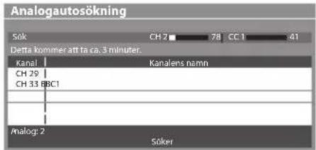 Analogautosökning Sök CH 2 78 CC 1 41 Detta kommer att ta ca. 3 minuter. Kanal | Kanalens namn CH 29 CH 33 BBC1 Analog: 2 Söker