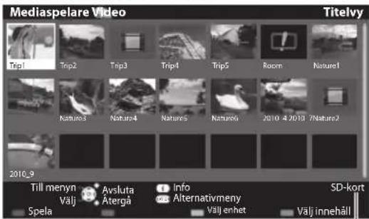 Mediaspelare Video Titelyv Trip1 Trip2 Trip3 Trip4 Trip5 Room Nature1 Nature3 Nature4 Nature5 Nature6 2010.4.2010 7:Nature2 2010_9 Till menyn Avsluta Info SD-kort Välj Atergå Alternativmeny Välj innehäl Spela