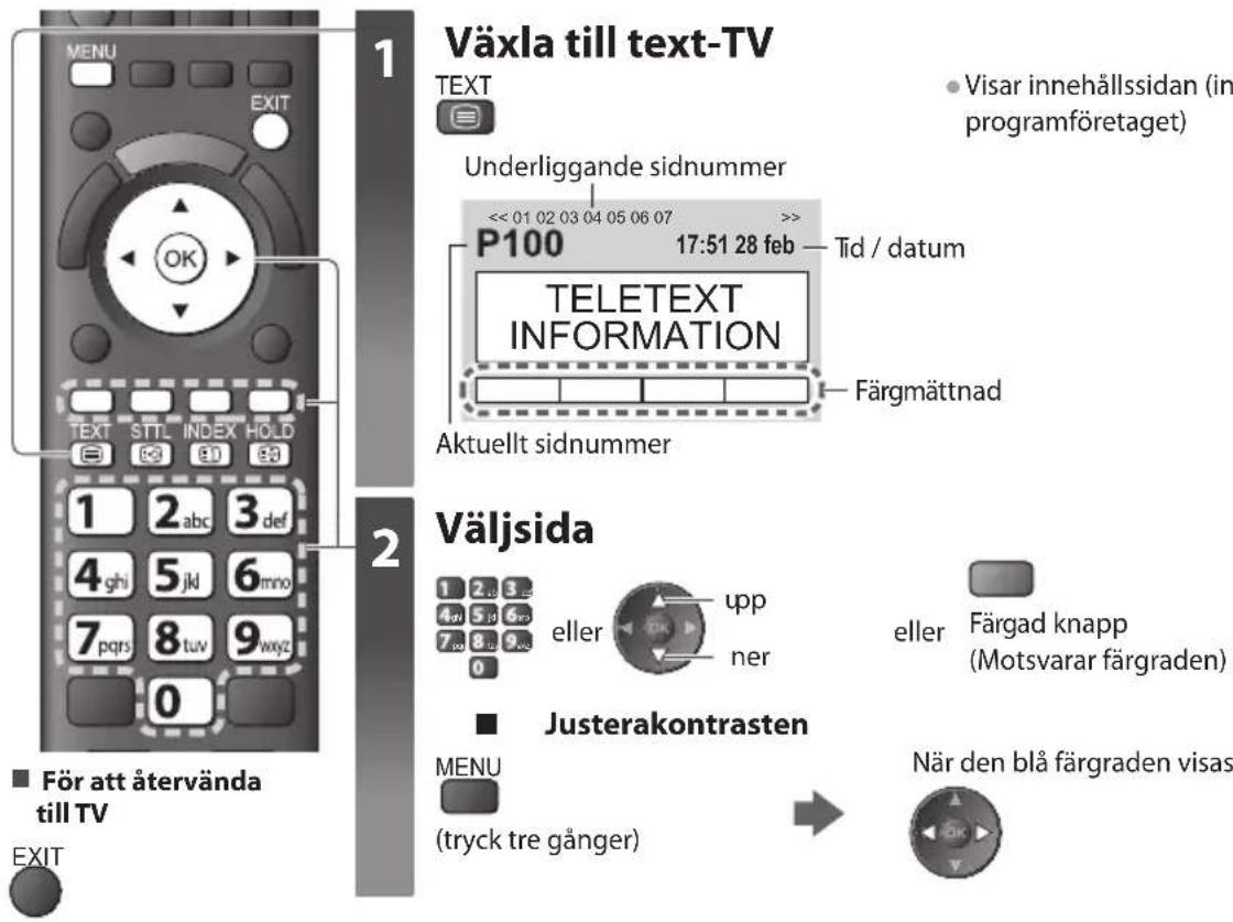 Växla till text-TV TEXT Underliggande sidnummer << 01 02 03 04 05 06 07 P100 17:51 28 feb — Tid / datum TELETEXT INFORMATION Aktuellt sidnummer Färgmättnad ■ För att återvända till TV EXIT ■ Justerakontrasten MENU (tryck tre gånger) ■ Försätt för att återvända till TV ■ Försätt för att återvända till TV ■ Försätt för att återvända till TV