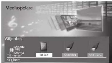 Mediaspelare Väljenhet Avsluta Välj Äterogi Till menyn SD-kort USB HDD1 USB Flash... SD-kort