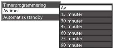 Timerprogrammering Avtimer Automatisk standby Av 15 minuter 30 minuter 45 minuter 60 minuter 75 minuter 90 minuter