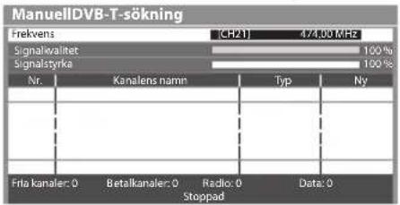 ManuellIDVB-T-sökning Frekvens [CH21] 474.00 MHz Signalvalitet 100% Signalstyrka 100% Nr. Kanalens namin Typ Ny Fria kanaler: 0 Betalkanaler: 0 Radio: 0 Data: 0 Stoppad