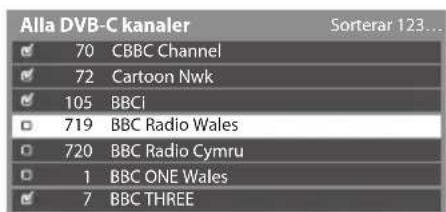 Alla DVB-C kanaler 70 CBBC Channel 72 Cartoon Nwk 105 BBCi 719 BBC Radio Wales 720 BBC Radio Cymru 1 BBC ONE Wales 7 BBC THREE Sorterar 123...