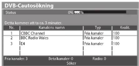 DVB-Cautosökning Status 0% 100% Detta kommer att ta ca. 3 minuter. Nr. Kanalons namn Typ Kvalit. 1 CBBC Channel Fria kanaler 100 2 BBC Radio Wales Fria kanaler 100 3 E4 Fria kanaler 100 Fria kanaler: 3 Betalkanaler: 0 Radio: 0 Söker