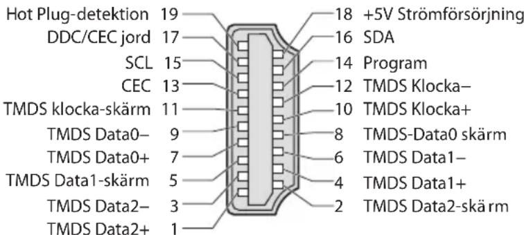 Hot Plug-detektion 19 DDC/CEC jord 17 SCL 15 CEC 13 TMDS klocka-skärm 11 TMDS Data0- 9 TMDS Data0+ 7 TMDS Data1-skärm 5 TMDS Data2- 3 TMDS Data2+ 1 18 +5V Strömförsörjning 16 SDA 14 Program 12 TMDS Klocka- 10 TMDS Klocka+ 8 TMDS-Data0 skärm 6 TMDS Data1- 4 TMDS Data1+ 2 TMDS Data2-skärm