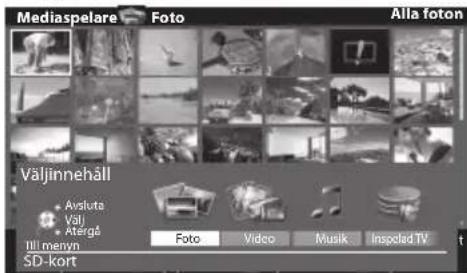 Mediaspelare Foto Alla foton Väljinnehäll • Avsluta • Välj • Atergå Ill menyn SD-kort Foto Video Musik Inspeled TV