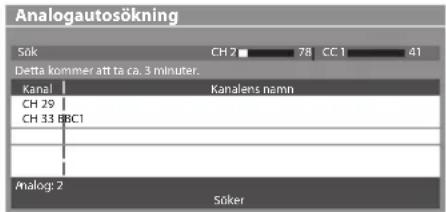 Analogautosökning Sök CH 2 78 CC 1 41 Detta kommer att ta ca. 3 minuter. Kanal | Kanalens namn CH 29 CH 33 BBC1 Analog: 2 Söker