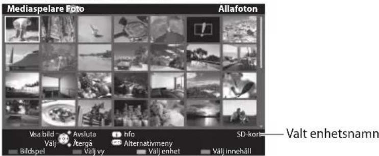 Mediaspelare Foto Allafoton Vsa bild Avsluta hfo SD -kort Valt enhetsnamn Välj /tergå Alternativmeny Bildspel Välj vy Välj enhet Välj innehäll
