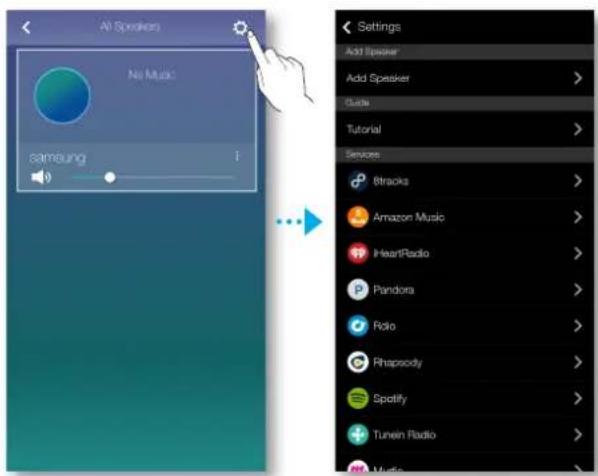 All Speakers All Music samsung Settings Add Speaker Add Speaker Guide Tutorial Service Stracks Amazon Music HeartRadio Pandora Rolo Rhapsody Spotify Tunein Radio Music