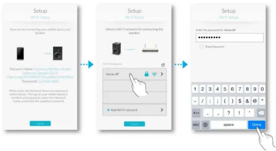 graph TD A["Setup\nWi-Fi Setup\nNow we are connecting your mobile device and speakers."] --> B["Setup\nWi-Fi Setup\nSelect a Wi-Fi network for connecting the speaker."] B --> C["Setup\nWi-Fi Setup\nEnter the password for Home AP\n●●●●●●●●●●●●●●●●●●●●●●●●●●●●●●●●●●●●●●●●●●●●●●●●●●●●●●●●●●●●●●●●●●●●●●…