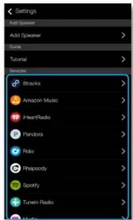 Settings Add Speaker Add Speaker Guide Tutorial Services Btracks Amazon Music HeartRadio Pandora Rolo Rhepsody Spotify Tunein Radio