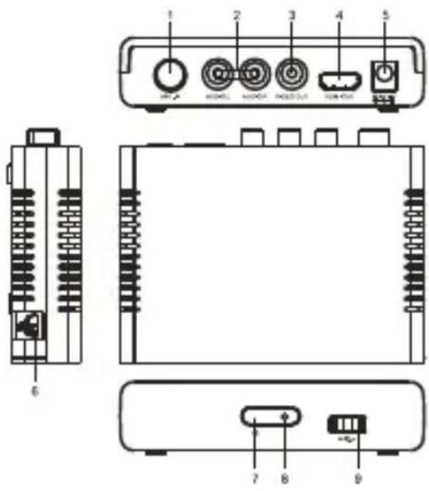 Diagram of electronic device rear panel with labeled ports and connectors