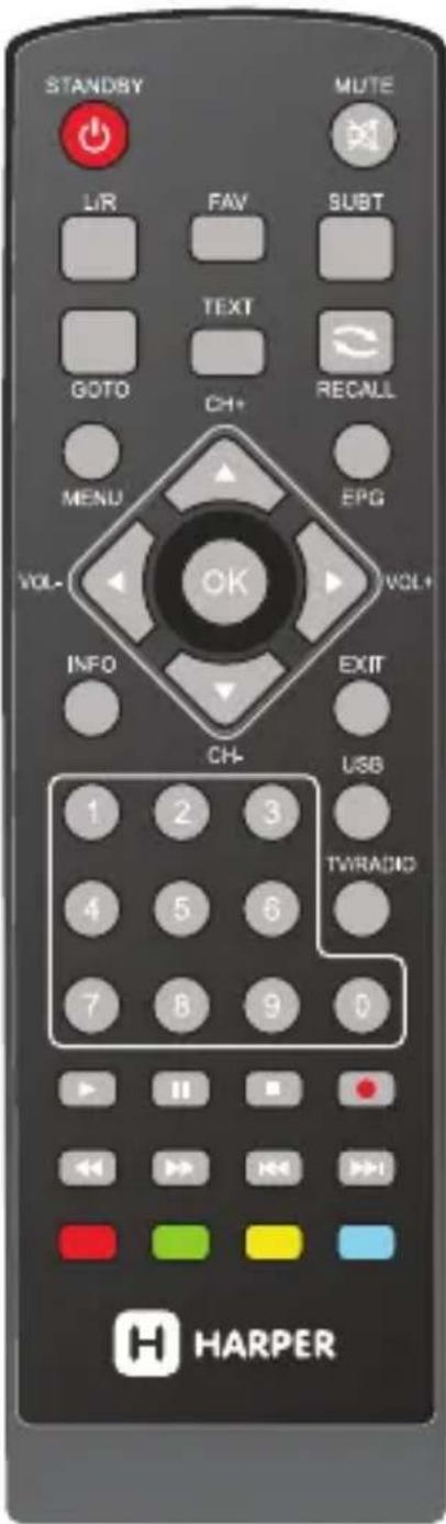 STANDBY MUTE LIR FAV SUBT TEXT GOTO CH+ RECALL MENU EPG VOL- OK VOL+ INFO EXIT CH- USB 1 2 3 4 5 6 7 8 9 0 TV/RADIO HARPER