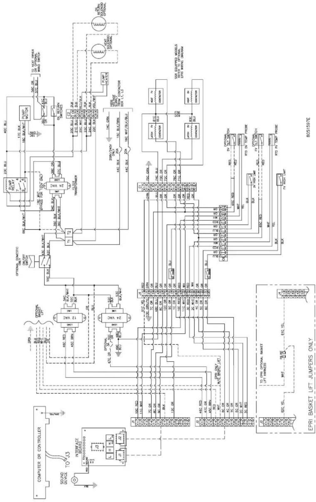 COMPUTER OR CONTROLLER SOUND DEVICE TO J3 INTERFACE BOARD 600000000 J3 L H L J1 J2 J1 10C BCD 11C BHT 7C OR 80 OR 9C OR BLK 12C OR J2 46C BCD 47C OR 45C BDN WHT WHT WHT WHT WHT WHT WHT WHT WHT WHT WHT WHT WHT WHT WHT WHT WHT WHT WHT WHT WHT WHT WHT WHT WHT WHT WHT WHT WHT WHT WHT WHT WHT WHT OPTIONAL BASKET Lift GRN BLK REQ WHT BLK 46C RED 45C BRN 12 VAC 54C BLK/WHT 55C BLK T1 T2 OPTIONAL DOMESTIC ONLY ON/OFF SWITCH 43C BLK/WHT 42C BLK TRANSCHMER 25C BLK 35C BLK 24 VAC 58C BLK 23C BLK 37C BLK PUMP RELAY 7 4 6 12C BLK 18C BLK/WHT 40C BLU 18C BLT 12C BLK PUMP MOTOR 30C BLK 41C BLU OIL RETURN SWITCHES 20C BLU 21C BLU 25C BLU 23C BLU 24C BLU 22C BLK VOL/WHT 208V/240V ONLY 14C GRN 44C BLK 20A 15C BLK/BRN 44C BLK 20A 16C WHT/BLK/BLU HIGH VOLTAGE SUPPLY FROM CONTACTOR BOX L1, L3 PUMP HEATER VENT SOLENOID OPTIONAL RIL RETURN SOLENOID OPTIONAL SSR EQUIPPED MODELS REFER TO OPTIONAL EPRI WIRING DIAGRAM TO EPRI OPTIONAL BASKET LIFT HARNESS EPRI BASKET LIFT JUMPERS ONLY 8051597E