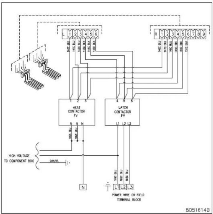 HEAT CONTRACTOR FV LATCH CONTRACTOR FV R 1 2 3 4 5 6 100% BUL 100% BUL 100% BUL 100% BUL 100% BUL N N N 100% BUL 100% BUL 4 5 6 L1 L2 L3 N 100% BUL 100% BUL 100% BUL L1 L2 L3 POWER WIRE OR FIELD TERMINAL BLOCK HIGH VOLTAGE TO COMPONENT BOX GRN/YL 8051614B