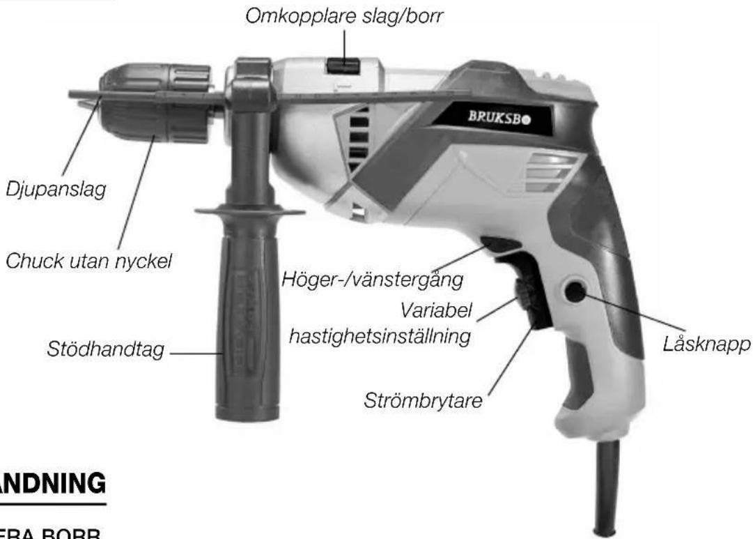 Omkopplare slag/borr Djupanslag Chuck utan nyckel Stödhandtag Höger-/vänstergång Variabel hastighetsinställning Strömbrytare Låsknapp BRUKSB