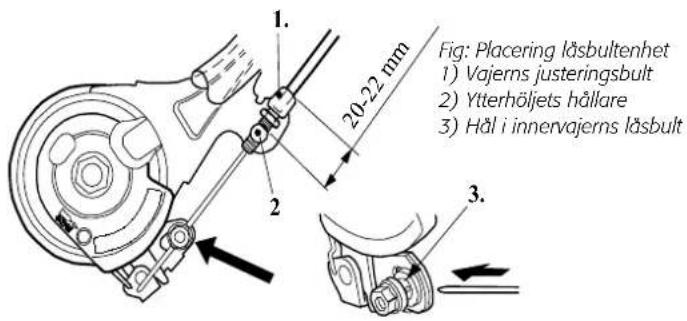 Fig: Placering läsbultenhet 1) Vajerns justeringsbult 2) Ytterhöljets hållare 3) Hål i innervajerns läsbult