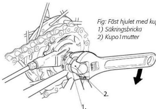 Fig: Fäst hjulet med kup 1) Säkringsbricka 2) Kupo1mutter