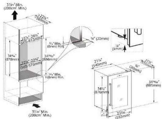 31in² (Min. (200cm² Min.) 25" 25" 25" 34% 34% (878mm) 23" 24" 24" (609-615mm) 22" 22" (565-575mm) 34% Min. (8mm) Min. 34% Min. (886mm) 34% Min. (6mm) Min. 31in² Min. (200cm² Min.) 34" (20mm) 34" (5mm) 21" (540mm) 34½ (876mm) 34½" (885mm) 23½" (592mm)