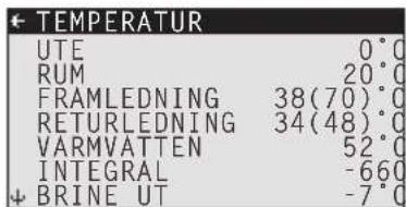 TEMPERATUR UTE 0°0 RUM 20°0 FRAMLEDNING 38(70)°0 RETURLEDNING 34(48)°0 VARMVATTEN 52°0 INTEGRAL -660 BRINE UT -7°0
