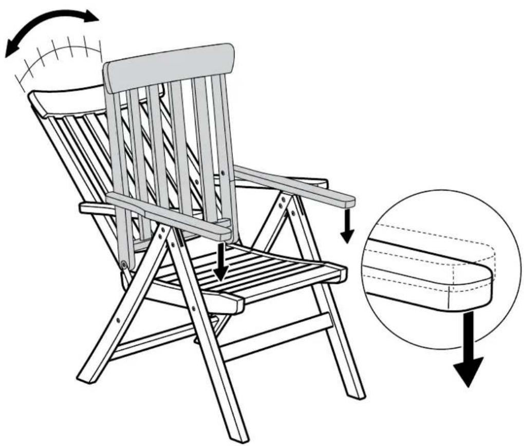 Diagram illustrating the folding of a wooden chair with labeled parts and directional arrows indicating rotation or folding.