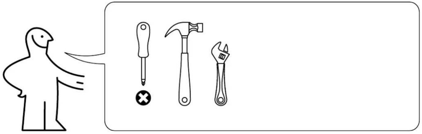 Illustration showing a person pointing to three tools: screwdriver, hammer, and wrench, with a cross symbol indicating selection.