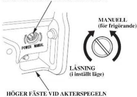 POWER MANUAL MANUELL (för frigörande) LÄSNING (i inställt läge) HÖGER FÄSTE VID AKTERSPEGELN