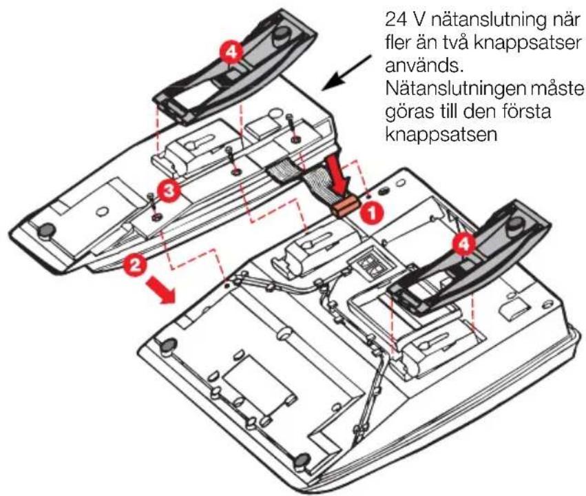 24 V nätanslutning när fler än två knappsatser används. Nätanslutningen måste göras till den första knappsatsen