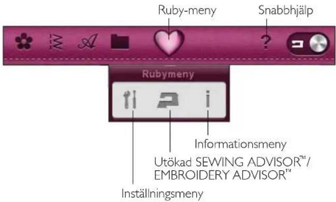 Ruby-meny Snabbhjälp Rubymeny ti i Informationsmeny Utökad SEWING ADVISOR™/ EMBROIDERY ADVISOR™ Inställningsmeny