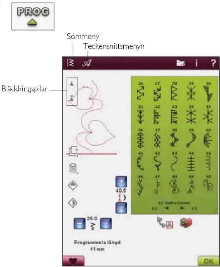 PROG Sömmeny Teckensnittsmenyn Bläddringspilar 26 27 28 29 30 31 32 33 34 35 36 37 38 39 40 41 42 43 44 45 46 47 48 49 50 26.0 Programmets längd 41 mm i ? E27 muttsönnyer E1 OK
