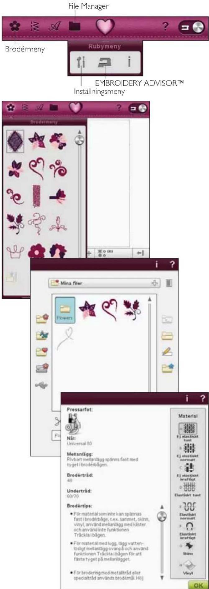 File Manager Brodérmeny Rubymeny EMBROIDERY ADVISORTM Inställningsmeny Mina filer Pressarfot: Nåt: Universal 80 Mellanlägg: Rivbart mellanlägg splänns fast med tyget i brodérbågen. Brodértråd: 40 Undertråd: 60/70 Brodértips: • För material som inte kan spännas fast i brodérbåge, tex. sammet, skinn, vinyl, använd mellanlägg med klister och använd inte funktionen Träckla i bågen. • För material med lugg, lägg vatten-kosligt mellanlägg ovan på och använd funktionen Träckla i bågen för att fästa tyget på mellanlägget. • För brodering med metalltråd eller specialtråd används brodémål. Hoj Material Ej elastisket normalt Ej elastisket normalt Ej elastisket normalt Ej elastisket normalt Ej elastisket normalt Ej elastisket normalt Ej elastisket normalt Ej elastisket normalt Ej elastisket normalt Ej elastisket normalt Ej elastisket normalt Ej elastisket normalt Ej elastisket normalt Ej Elastisket normalt Ej Elastisket normalt Ej Elastisket normalt Ej Elastisket normalt Ej Elastisket normalt Ej Elastisket normalt Ej Elastisket normalt Ej Elastisket normalt Ej Elastisket normalt Ej Elastisket normalt Ej Elastisket normalt Ej Elastinket normalt Ej Elastisket normalt Ej Elastisket normalt Ej Elastisket normalt Ej Elastisket normalt Ej Elastisket normalt Ej Elastisket normalt Ej Elastisket normalt Ej Elastisket normalt Ej Elastisket normalt Ej Elastisket normalt Ej Elastiskelnerstigt Skärn Vinyl