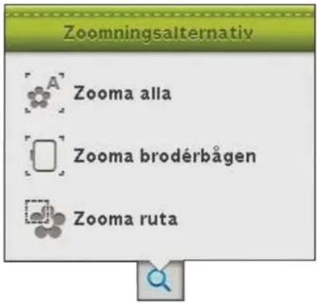 Zoomningsalternativ Zooma alla Zooma brodérbågen Zooma ruta