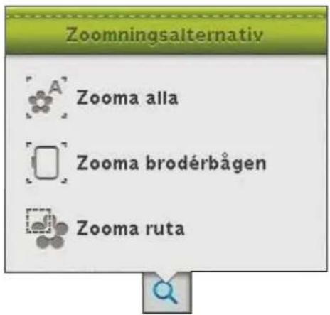Zoomningsalternativ Zooma alla Zooma brodérbågen Zooma ruta