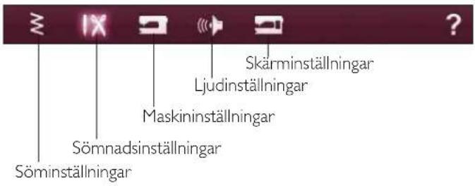 Skärminställningar Ljudinställningar Maskininställningar Sömnadsinställningar Söminställningar