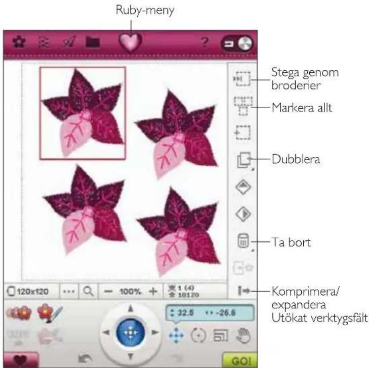 Ruby-meny Stega genom broderier Markera allt Dubblera Ta bort Komprimera/ expandera Utökat verktygsfält