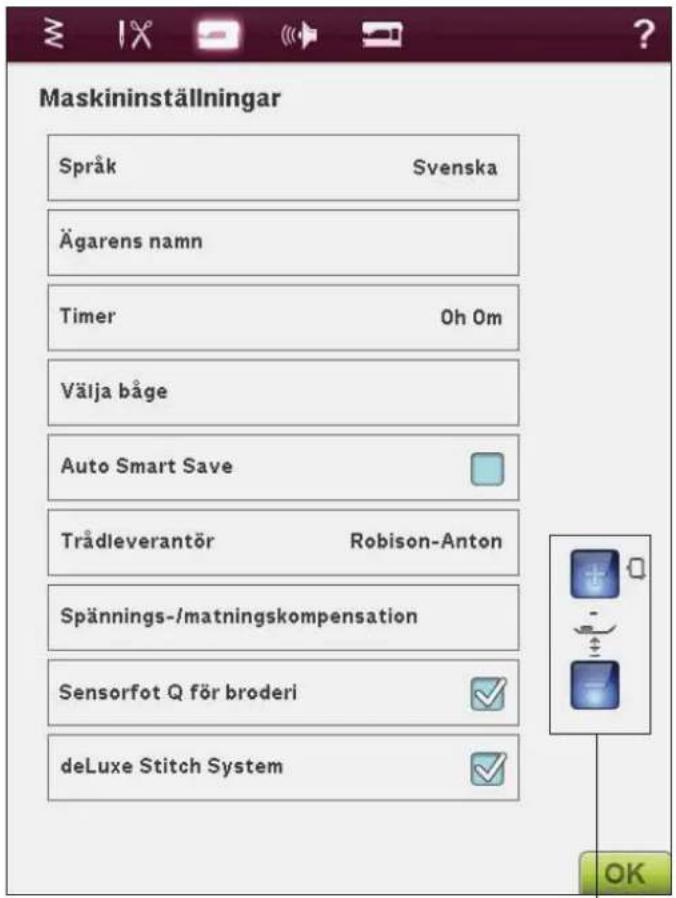 Maskininställningar Språk Svenska Ägarens namn Timer Oh Om Välja båge Auto Smart Save Trådleverantör Robison-Anton Spännings-/matningskompensation Sensorfot Q för broderi deLuxe Stitch System
