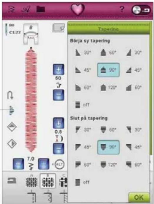 Tapering Börja sy tapering 30° 60° 30° 45° 90° 45° 60° 120° 60° off Slut på tapering 30° 60° 30° 45° 90° 45° 60° 120° 60° off OK